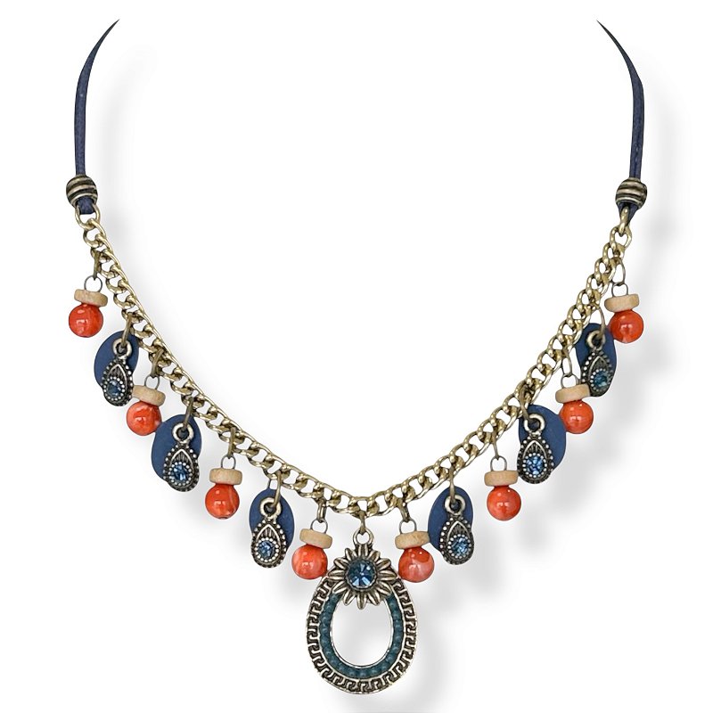 Colar curto c/ cordão e berloques - marinho, bege e terracota 12737