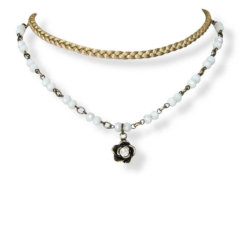 Choker 2 voltas c/ trança, cristais e rosinha c/ strass - branco e dourado 12780