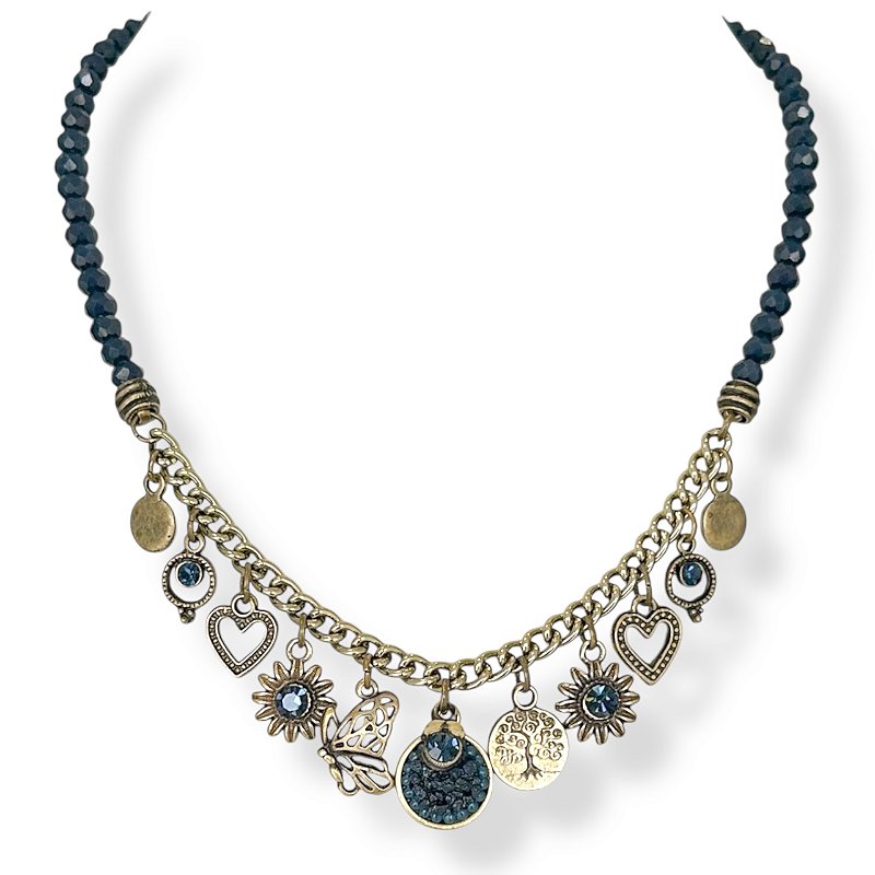 Colar curto c/ cristais, berloques e strass - azul marinho 12793