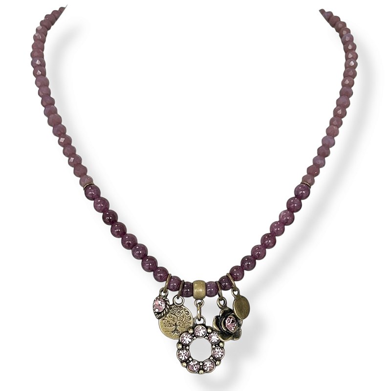 Colar curto c/ cristais, pedras naturais e berloques c/ strass - ametista 12750