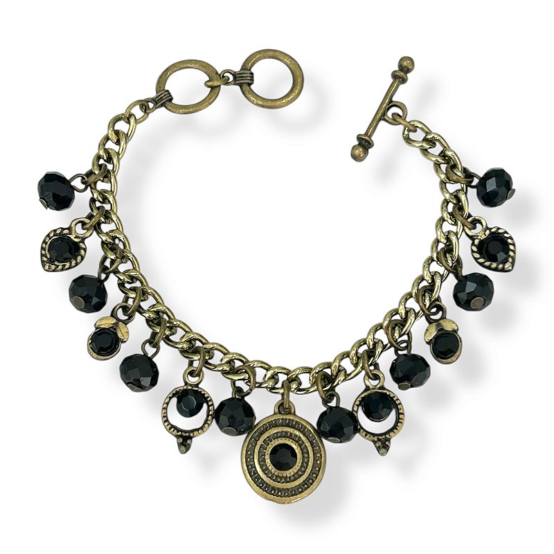 Pulseira c/ berloques de cristais e ptos de luz preta - 12775