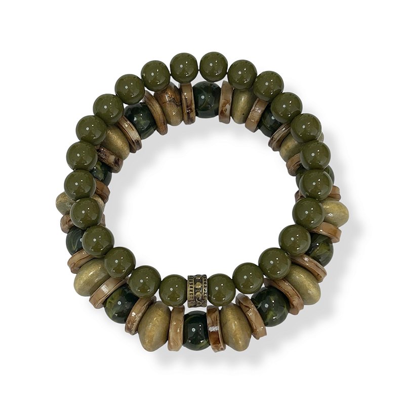 Kit c/ 2 pulseiras de bolas e discos verde oliva - 12799