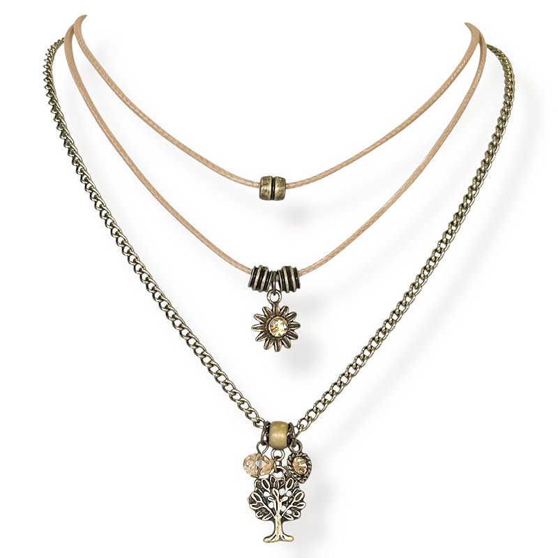 Colar curto 3 voltas c/ cordão, corrente e berloques bege e dourado - 12804