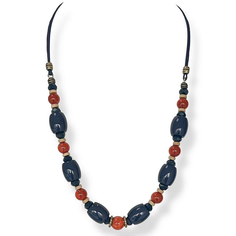 Colar médio c/ cordão, cristais, bolas e tubos - marinho, bege e terracota 12797