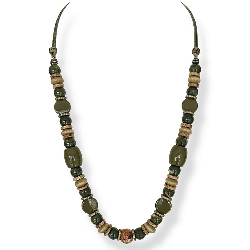 Colar médio c/ cordão, bolas, discos e tubos - verde oliva 12798