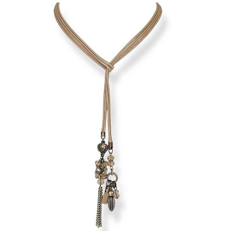 Colar de amarração c/ cordão, cristais e berloques bege e dourado - 12816