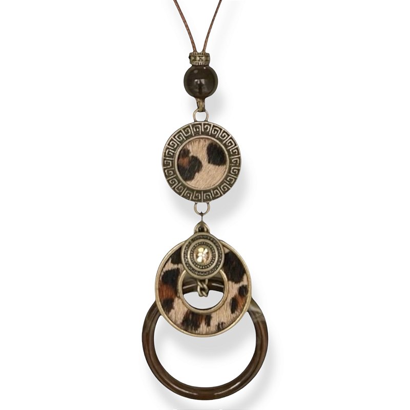 Colar longo c/ cordão ajustável c/ metais e couro de onça - 12811