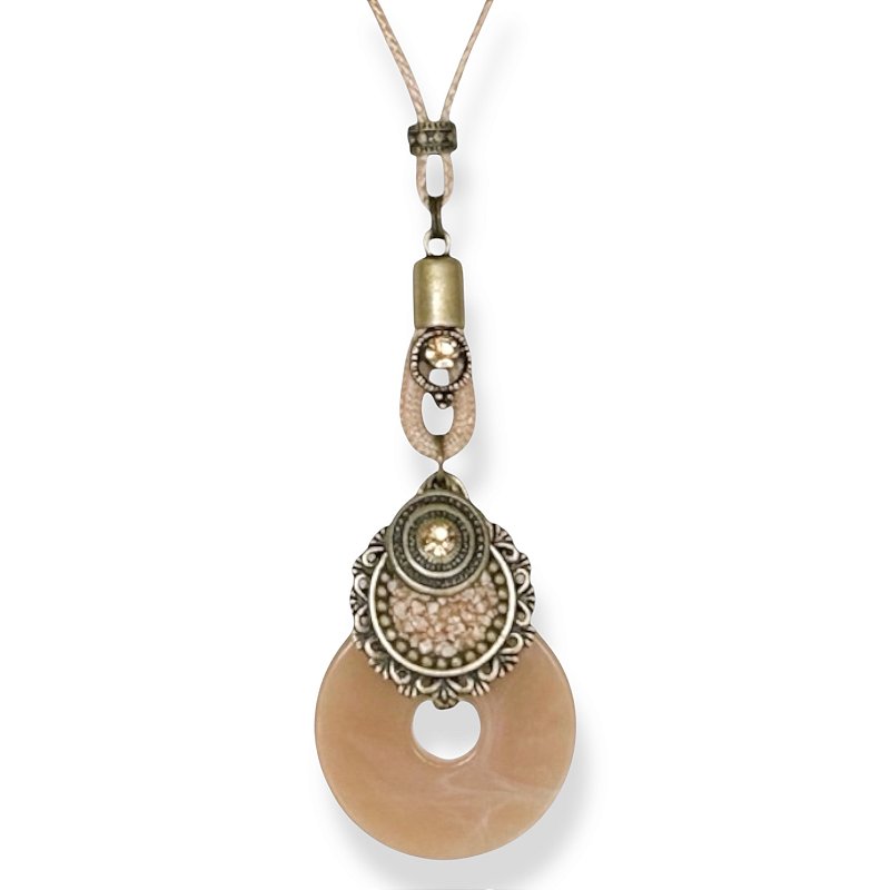 Colar longo de cordão ajustável c/ chapas de cascalho e resina bege e dourado - 12809