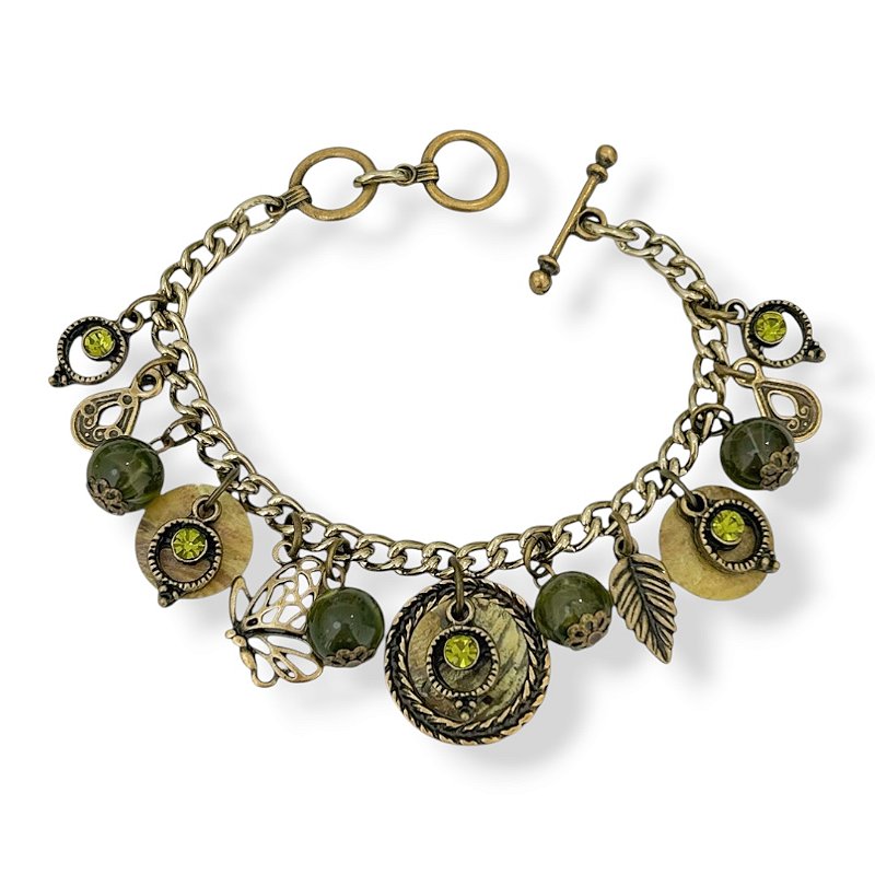 Pulseira c/ berloques e strass verde oliva - 12814