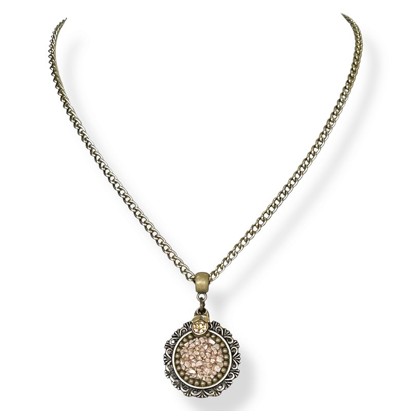 Colar curto corrente e mandala c/ cascalho e pto de luz - bege e dourado 12834