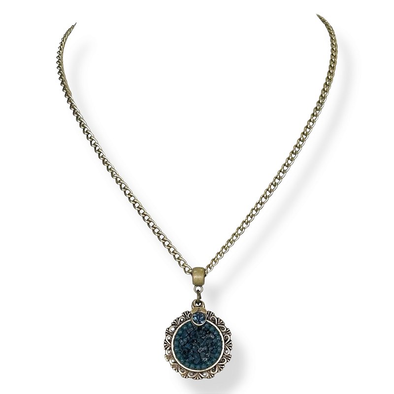 Colar curto corrente e mandala c/ cascalho e pto de luz - azul marinho 12835