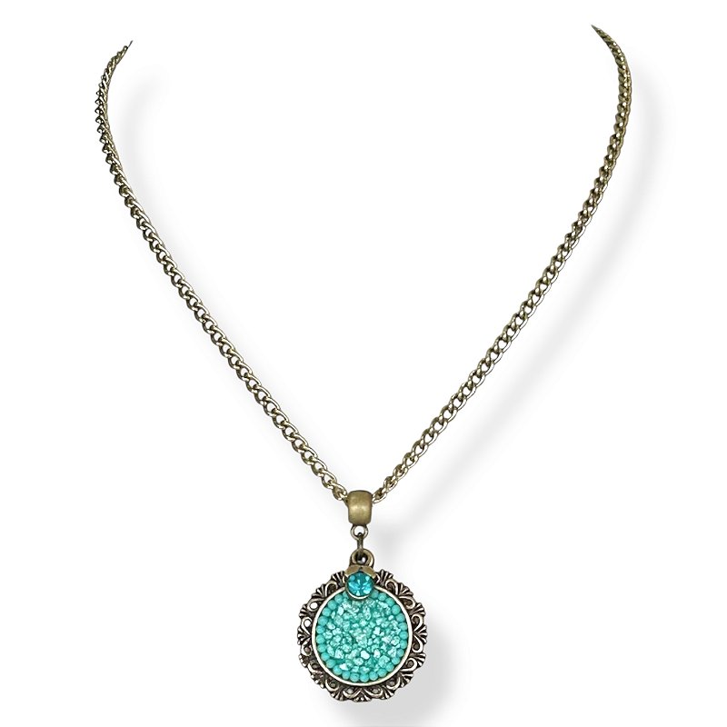 Colar curto corrente e mandala c/ cascalho e pto de luz - turquesa 12836