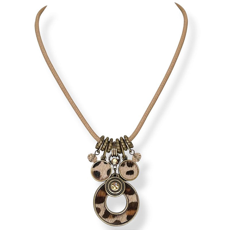 Colar curto cordão e pingentes c/ couro de onça 12833