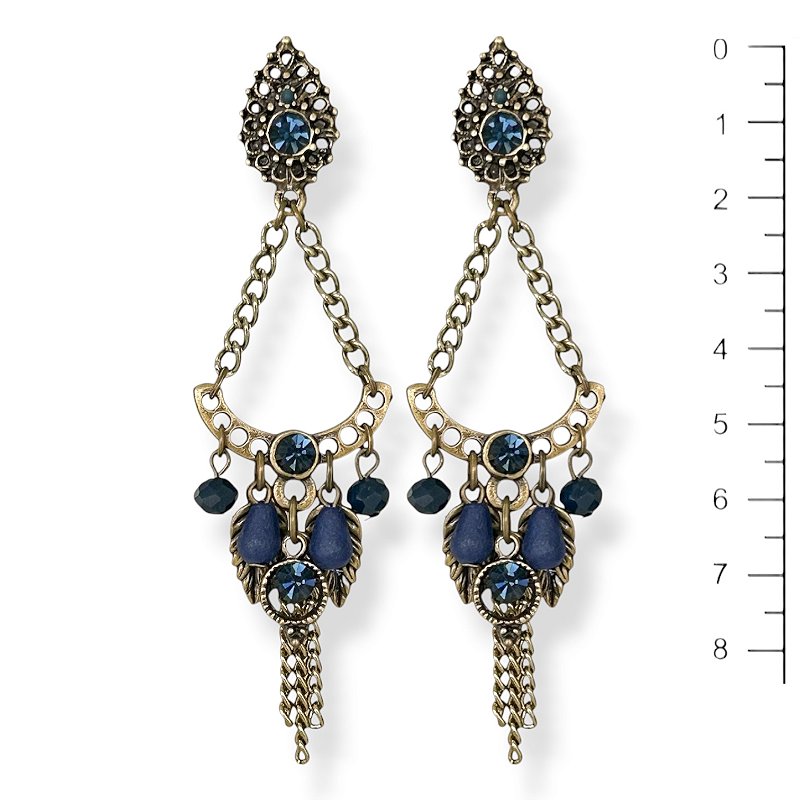 Brinco arco c/ correntes, folhinhas e ptos de luz azul marinho - 12825