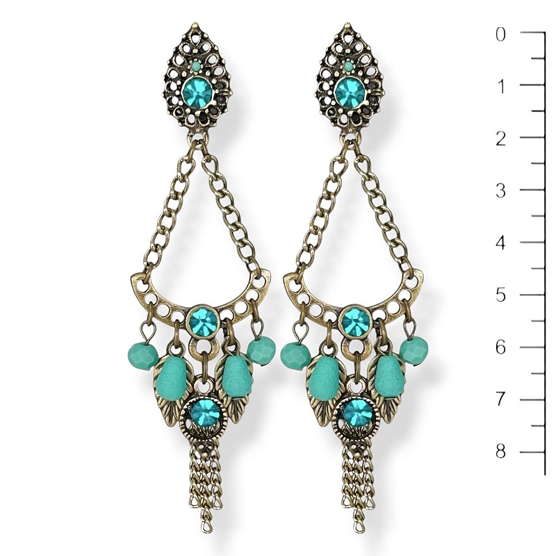 Brinco arco c/ correntes, folhinhas e ptos de luz turquesa - 12826