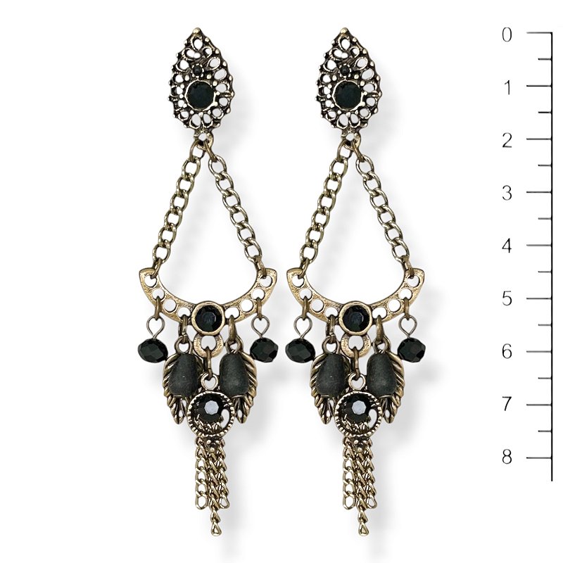 Brinco arco c/ correntes, folhinhas e ptos de luz preto - 12824