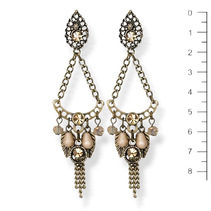 Brinco arco c/ correntes, folhinhas e ptos de luz bege e dourado - 12823