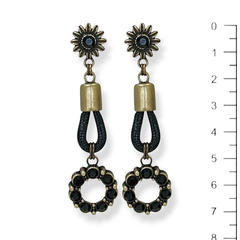 Brinco c/ gota de cordão e argola de strass preto - 12827