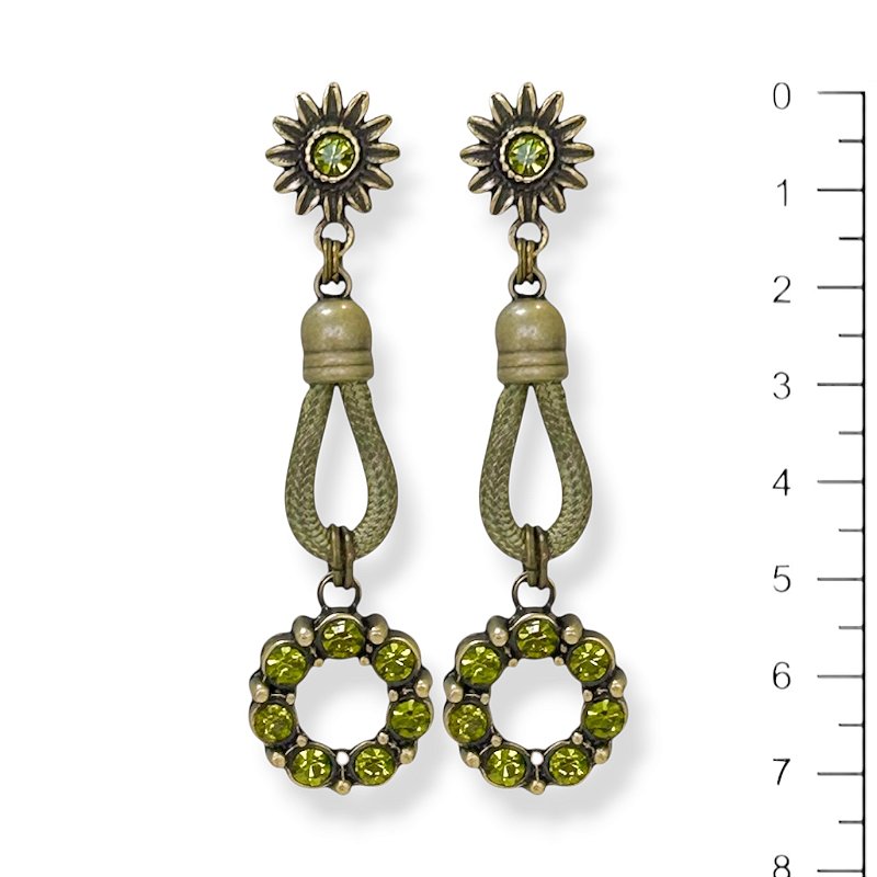 Brinco c/ gota de cordão e argola de strass verde oliva - 12828
