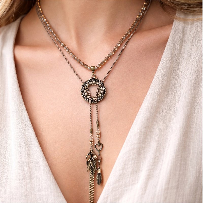 Colar de amarração versátil - várias formas de uso - bege e dourado 12842