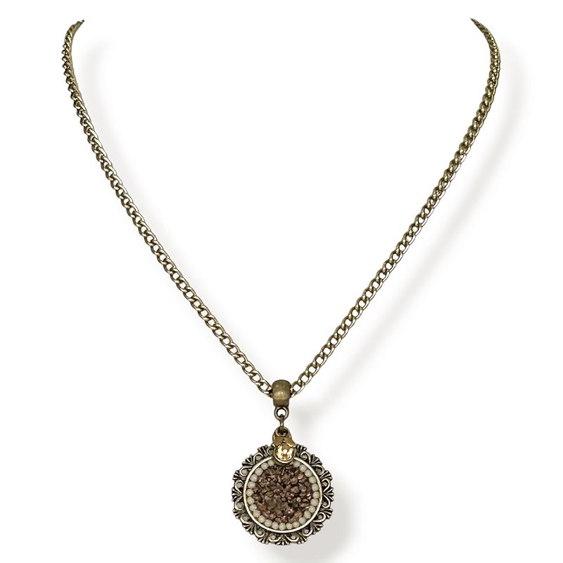 Colar curto corrente e mandala c/ cascalho e pto de luz - marrom e dourado 12857