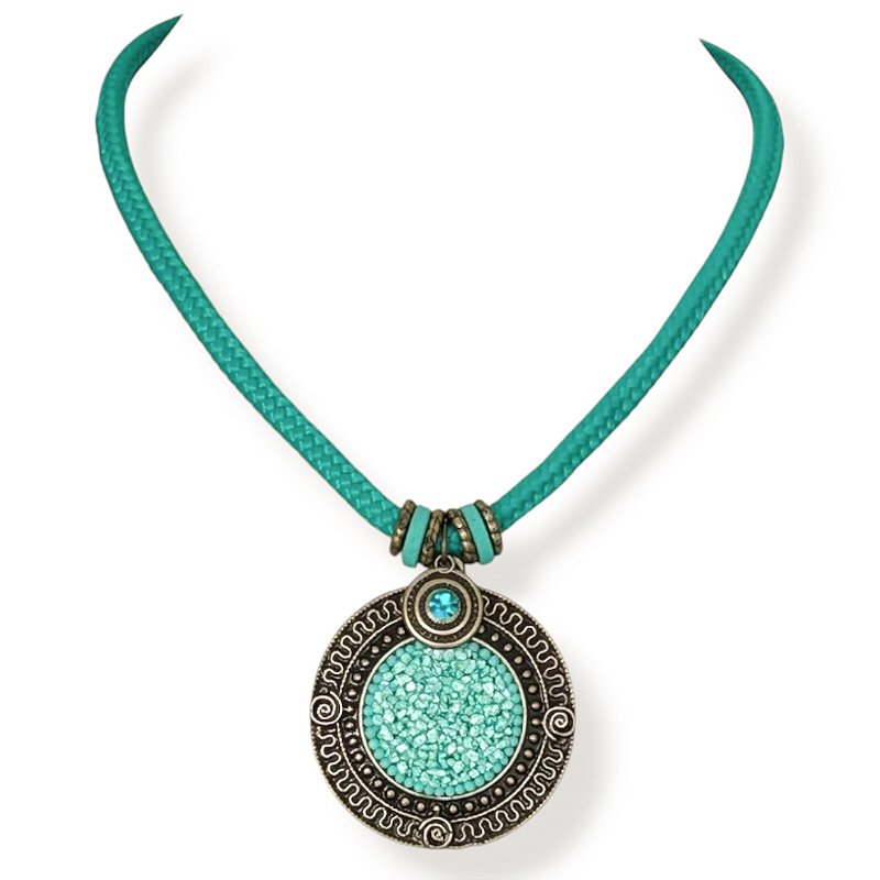 Colar curto mandala c/ cascalho e pto de luz - turquesa 11723