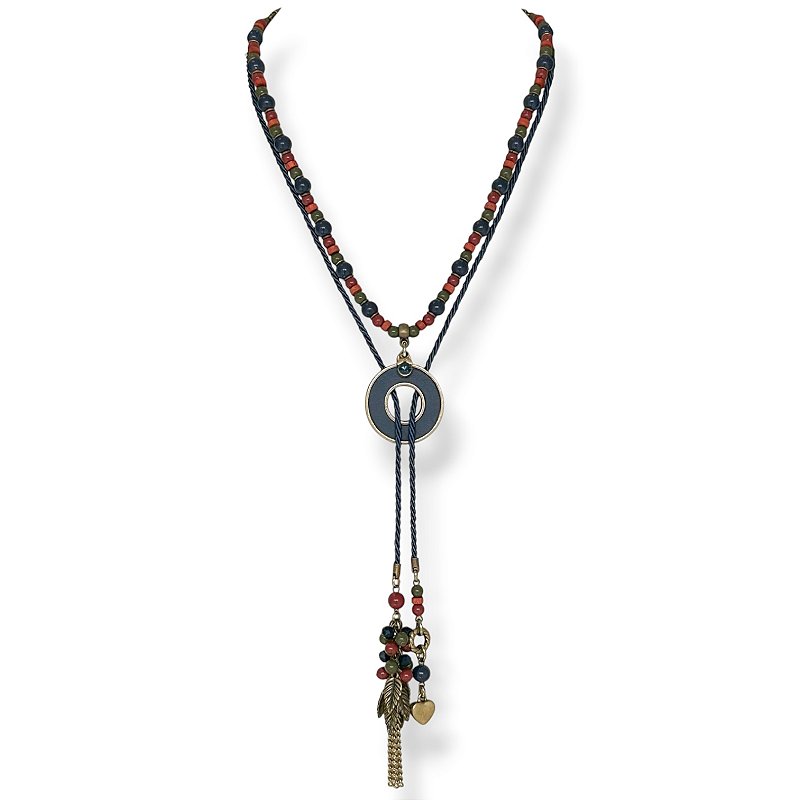 Colar de amarração versátil c/ cordão, contas, argola de couro e berloques - colorido 12856