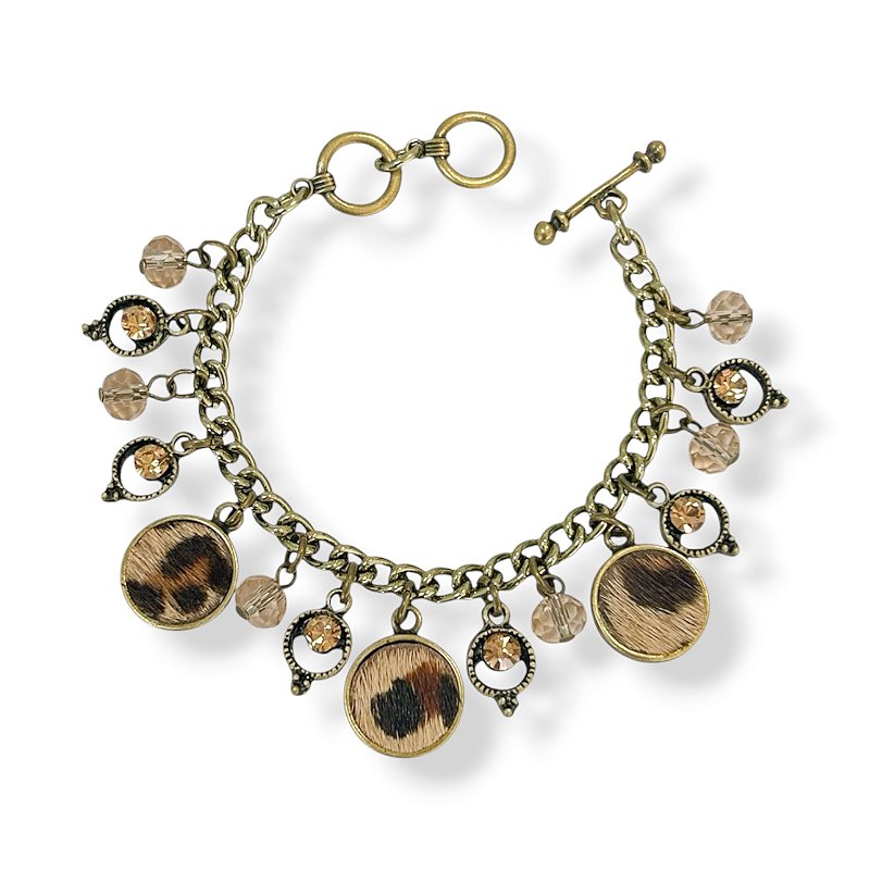 Pulseira c/ cristais, ptos de luz e chapinhas c/ couro de onça - 12850