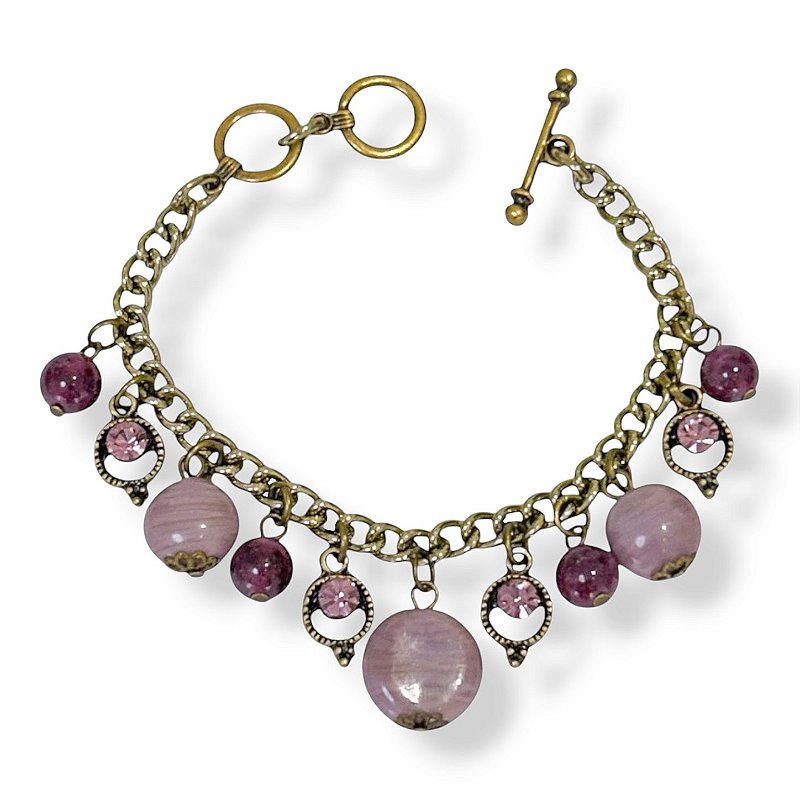 Pulseira c/ berloques de Murano, bola natural e ptos de luz - Light Amethist 12868