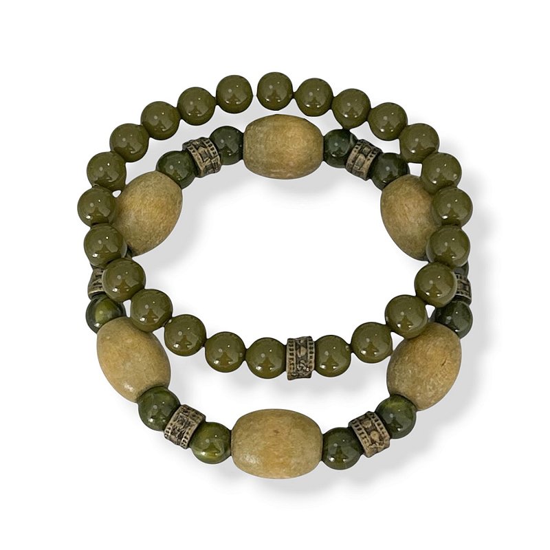 Kit c/ 2 pulseiras de bolas, entremeios e madeira - verde oliva 12878