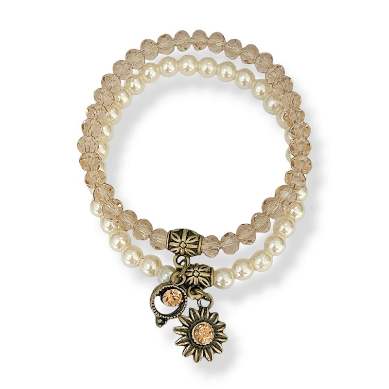 Kit c/ 2 pulseiras de pérolas, cristais e berloques - 12863