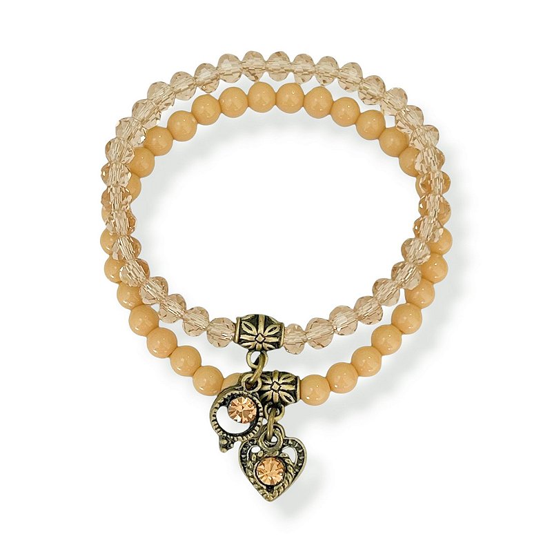 Kit c/ 2 pulseiras de bolas, cristais e berloques - bege e dourado 12861