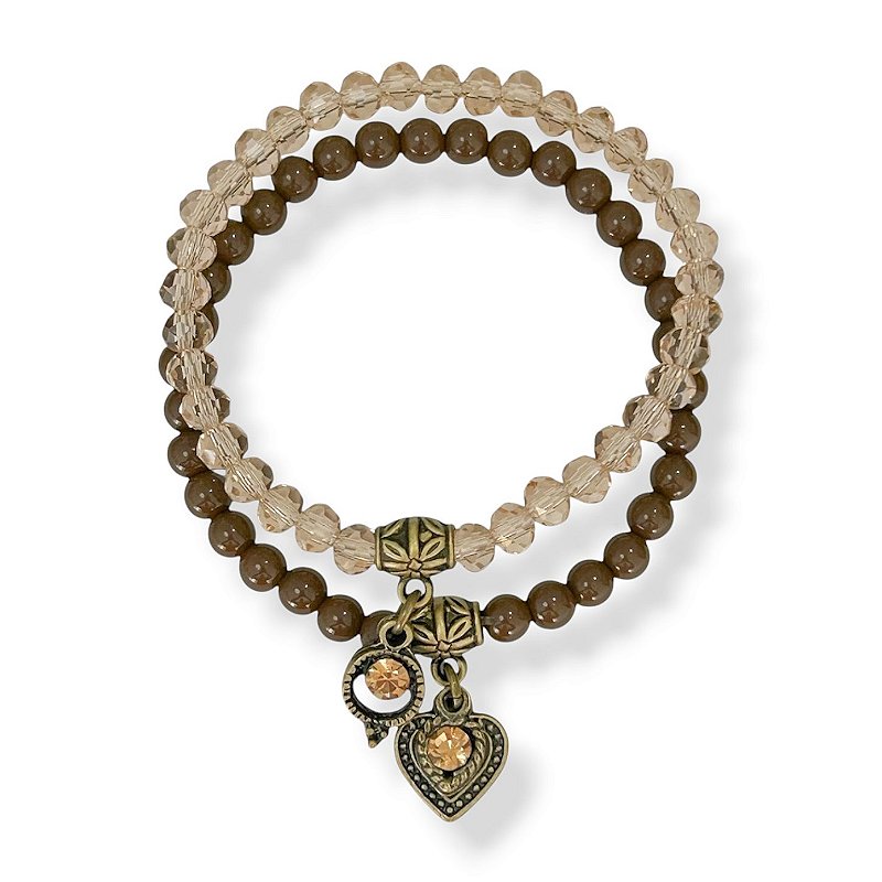 Kit c/ 2 pulseiras de bolas, cristais e berloques - marrom e dourado 12862