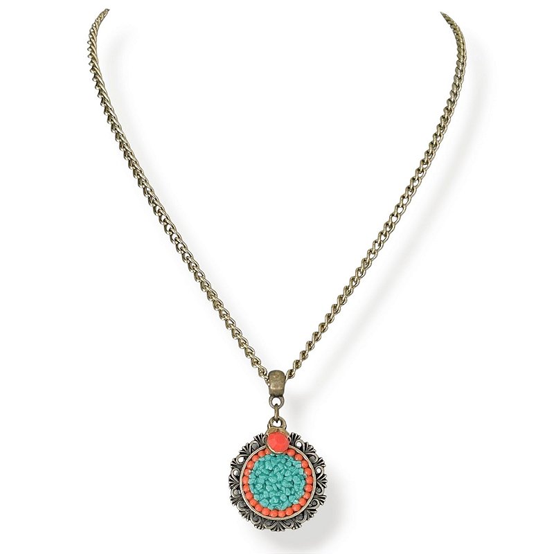 Colar curto corrente e mandala c/ cascalho e pto de luz - coral e turquesa 12871