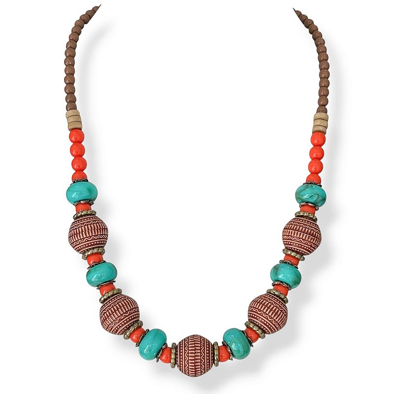 Colar médio c/ bolas e entremeios - coral e turquesa 12870