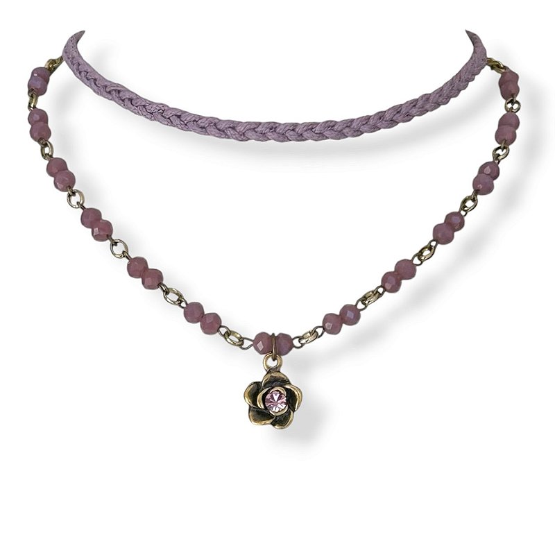 Choker 2 voltas c/ trança, cristais e rosinha - light Amethist 12860