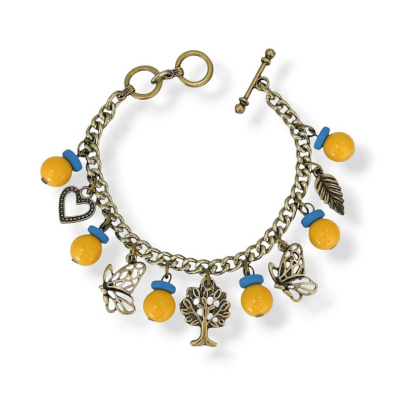 Pulseira c/ bolas, disquinhos e berloques - azul e amarelo 12895