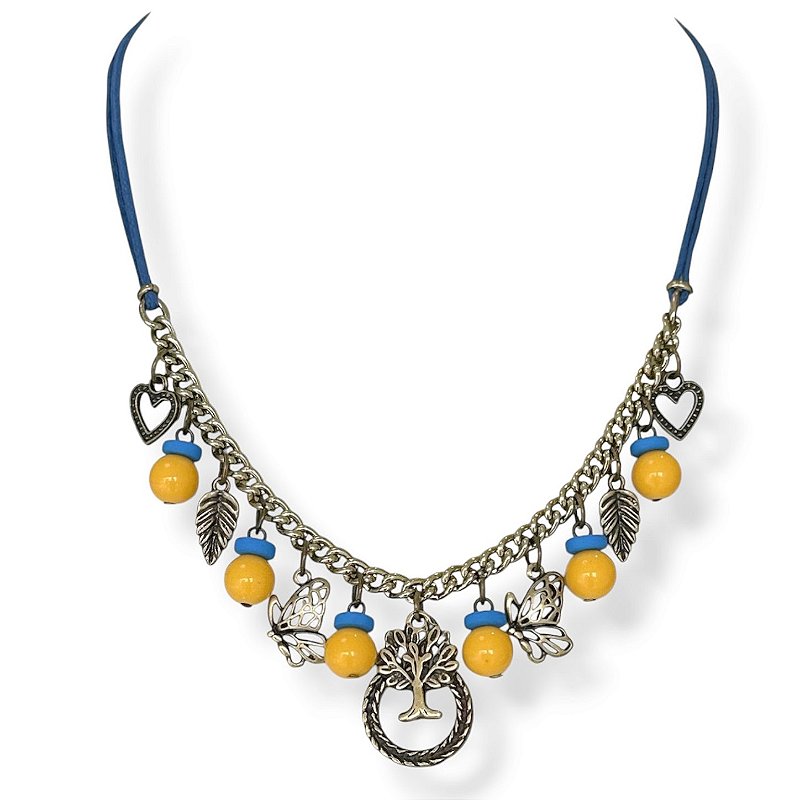 Colar curto c/ cordão, bolas, disquinhos e berloques - azul e amarelo 12894