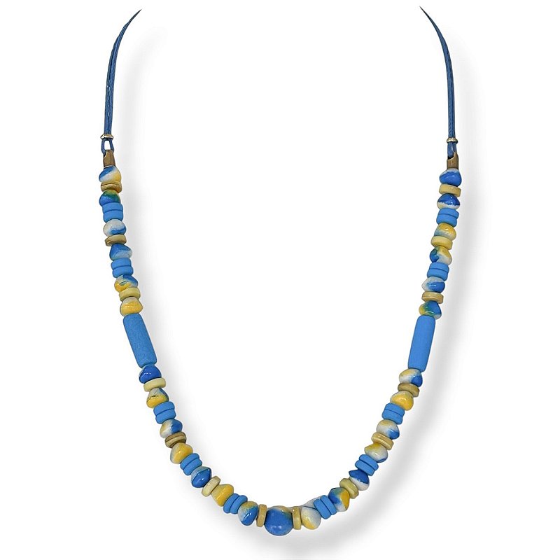 Colar médio c/ cordão, contas e disquinhos - azul e amarelo 12896