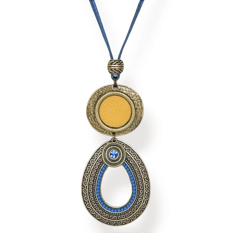 Colar longo cordão, chapa c/ couro e ping. gota - azul e amarelo 12900