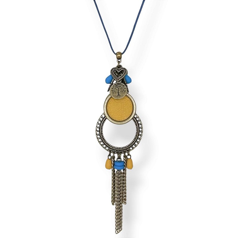Colar longo de cordão ajustável c/ argola de couro e berloques - azul e amarelo 12891