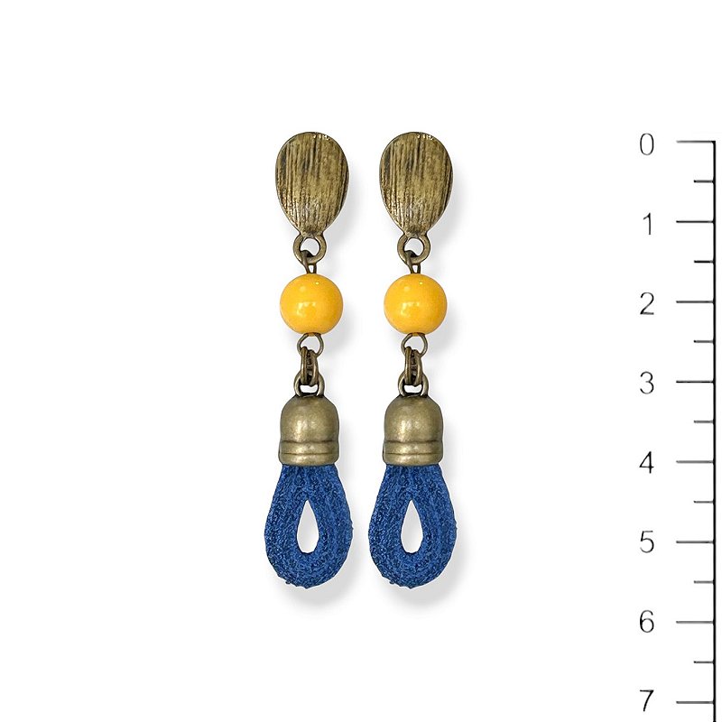 Brinco bola e gota de camurça azul e amarelo - 12902