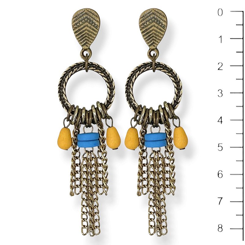 Brinco argola, correntes e berloques - azul e amarelo 12904