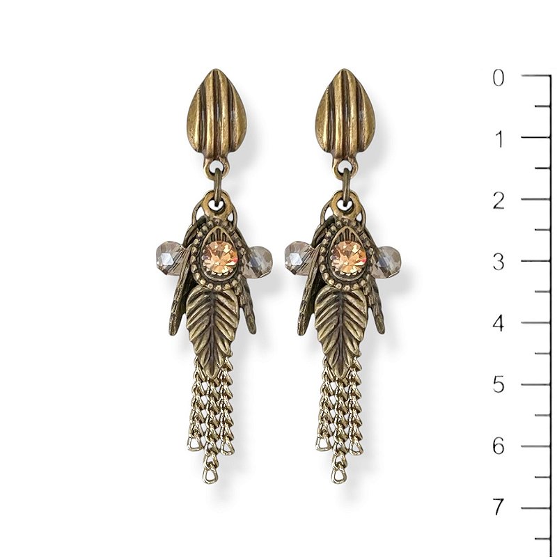 Brinco cachinho de folhinhas, cristais e correntes - dourado 12847