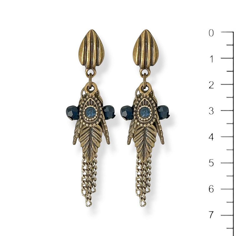 Brinco cachinho de folhinhas, cristais e correntes - azul marinho 12845