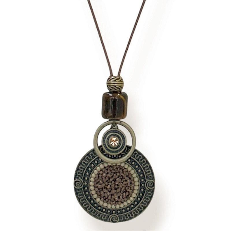 Colar longo de cordão ajustável c/ mandala cascalho - marrom 12890