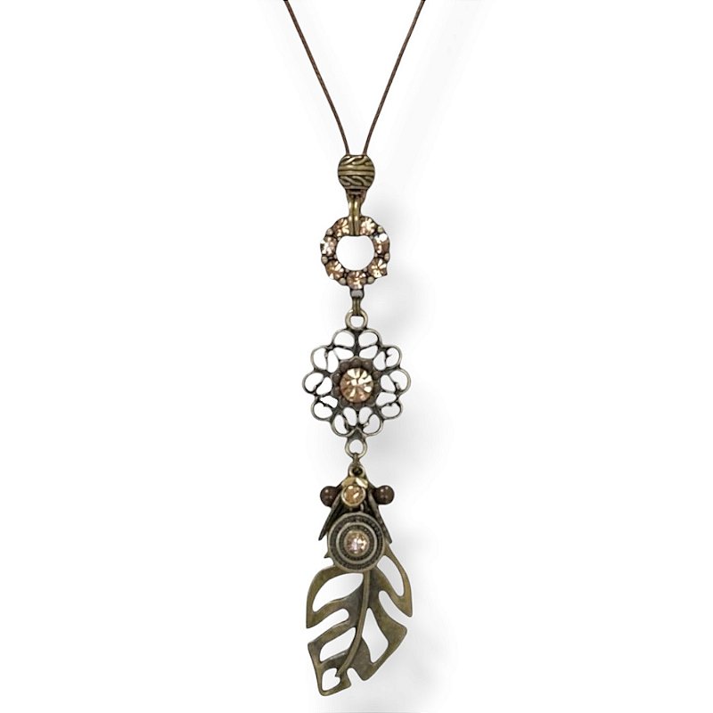 Colar longo de cordão ajustável c/ flor, folha costela de Adão e strass - marrom e dourado 12877