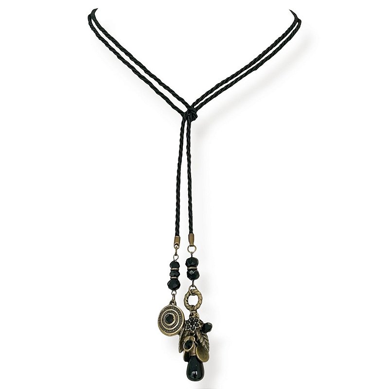 Colar de amarração versátil c/ cordão, cristais e berloques - preto 12875