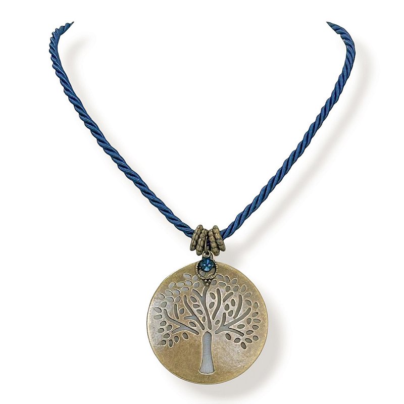 Colar curto cordão, pto de luz e ping. árvore da vida - azul marinho 12881