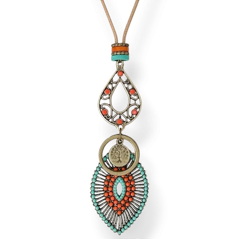 Colar longo de cordão ajustável c/ ping. gota e navete - coral e turquesa 12908